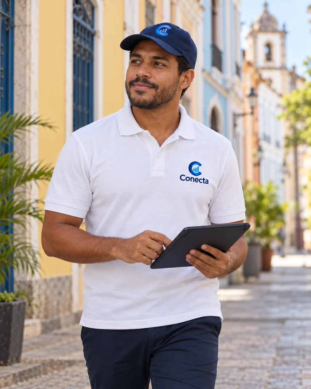 Imagem ilustrativa de um pesquisador com polo e boné da Conecta, segurando um tablet em uma rua inspirada no Recife Antigo.